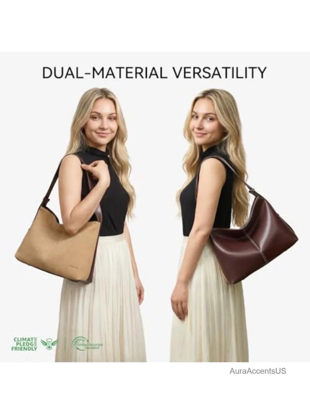 Women's Suede and Vegan Leather Hobo Shoulder Bag with Convertible Strap